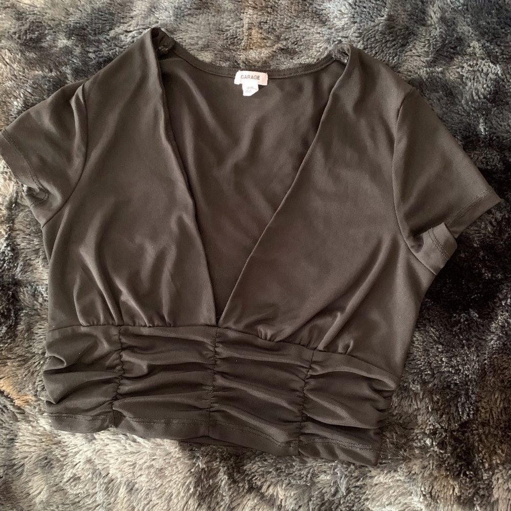 Garage Gray Ruched Wrap Crop Blouse